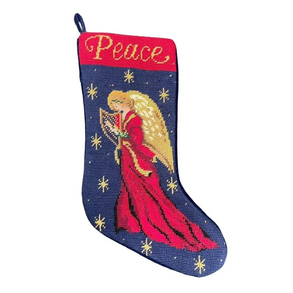 Needlepoint Christmas Stocking Wool Yarn Petit Point Angel Dove Peace Red Velvet